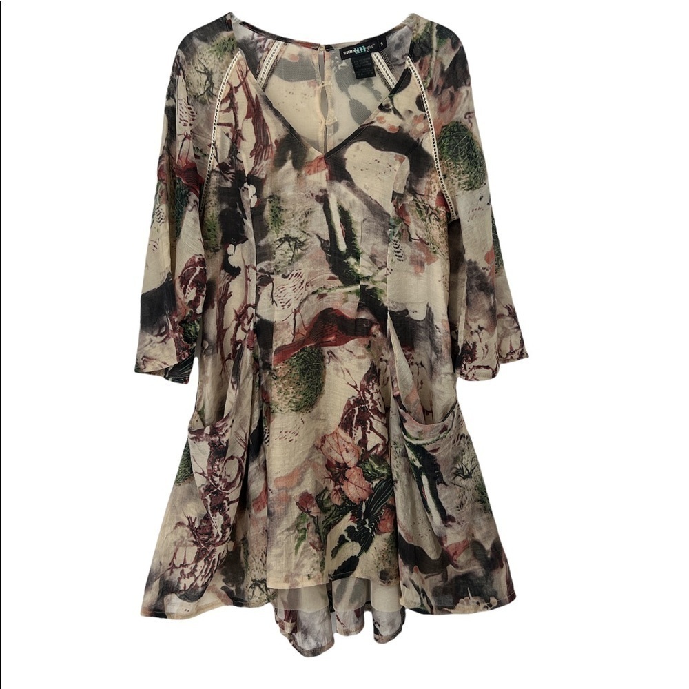 URBAN mangos Womens V-neck bell sleeves high-lo hem Floral dress